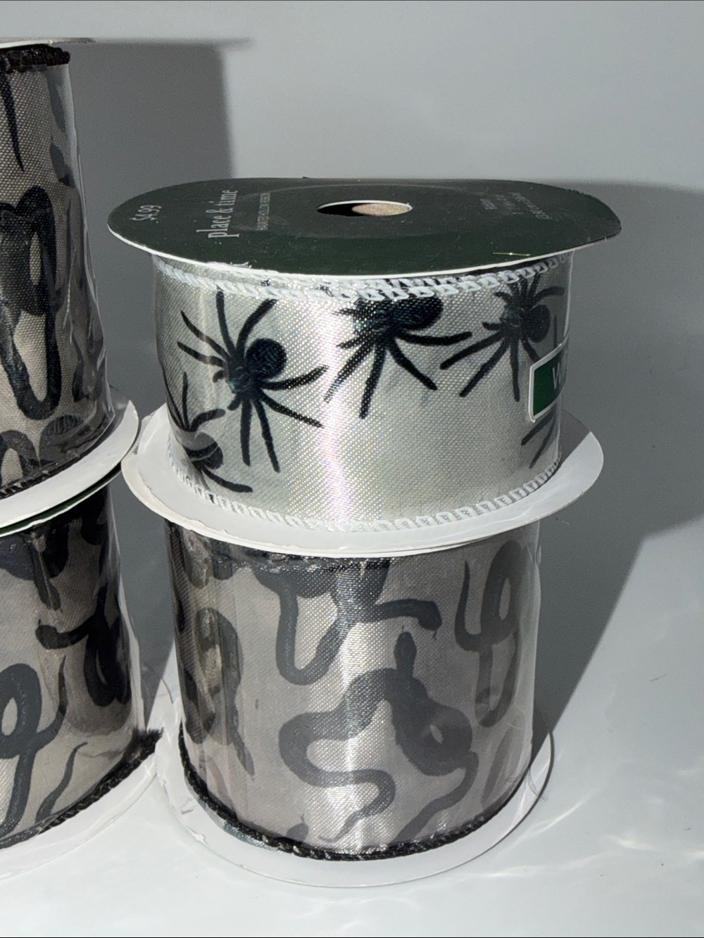 Halloween Snake Spider Wired Edge Ribbon Spool Bundle Lot Creepy Crafting Silver - Picture 5 of 7